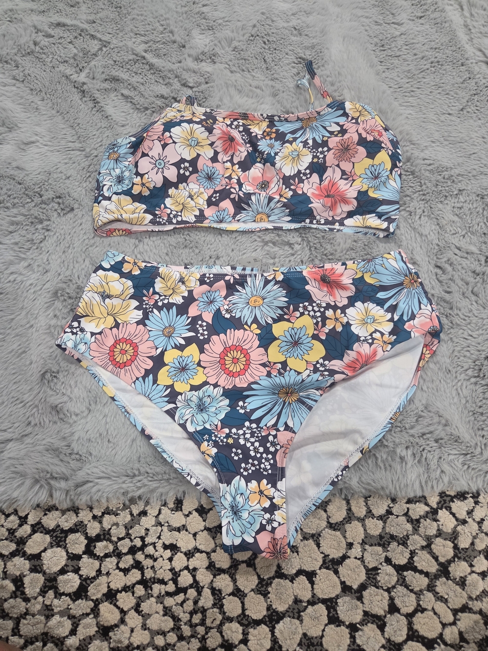 SHEIN Navy Floral Two-Piece Bikini with Pink Yellow & Blue Flowers